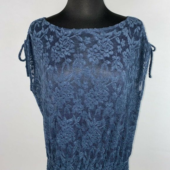 Anthro Deletta XS Navy Blue Loretta Knit Lace Mesh Sheer Banded Hem Top - Picture 3 of 12